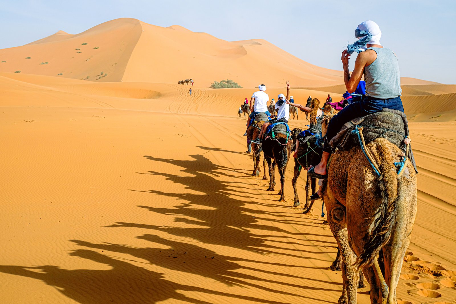camel riding in Sahara sand dunes, Morocco